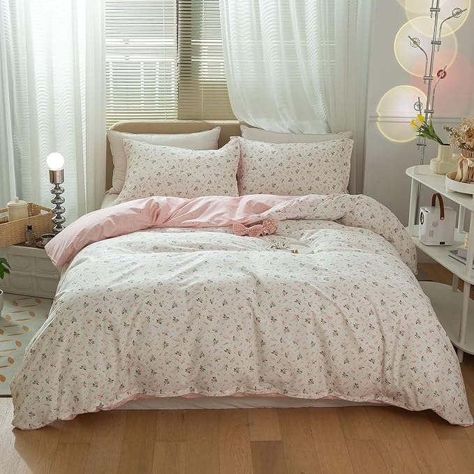 mixinni Garden Style White Floral Duvet Cover King Size 3 Pieces Set Flower Leaf Pattern Printed Soft Cotton Comforter Cover with 2 Pillowcases-King Size
