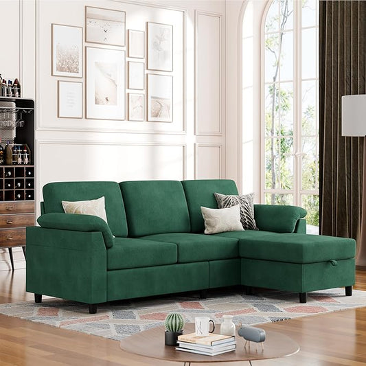 Vongrasig Convertible Sectional Couch, 3 Seat L Shaped Sofa with Removable Pillows Linen Fabric Small Modern Couch Mid Century for Living Room, Apartment and Office, Green