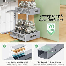 Under Sink Organizer, 2-Pack Pull Out Cabinet Organizer 2 Tier Metal Slide Out Storage Shelf Rack, L-Shaped Adjustable Height,Mesh Sliding Drawer for Kitchen, Bathroom, Laundry, Pantry, Grey, XL