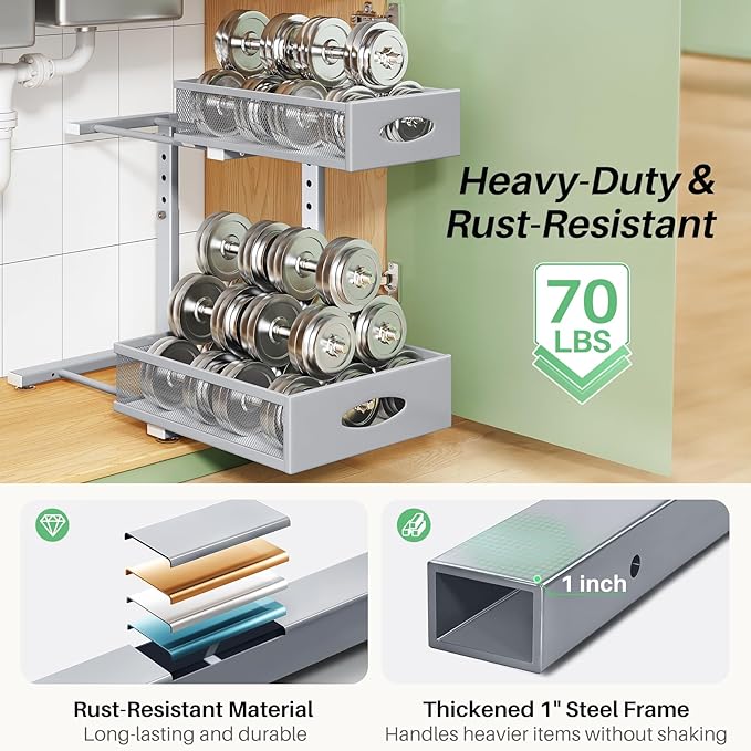 Under Sink Organizer, 2-Pack Pull Out Cabinet Organizer 2 Tier Metal Slide Out Storage Shelf Rack, L-Shaped Adjustable Height,Mesh Sliding Drawer for Kitchen, Bathroom, Laundry, Pantry, Grey, XL