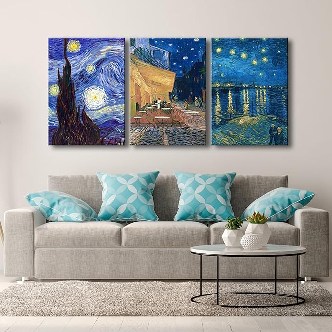 Wieco Art Large 3 Panels Canvas Prints of Vincent Van Gogh Paintings Reproduction Starry Night Over the Rhone Cafe Terrace at Night Canvas Wall Art for Living Room Home Office Decor