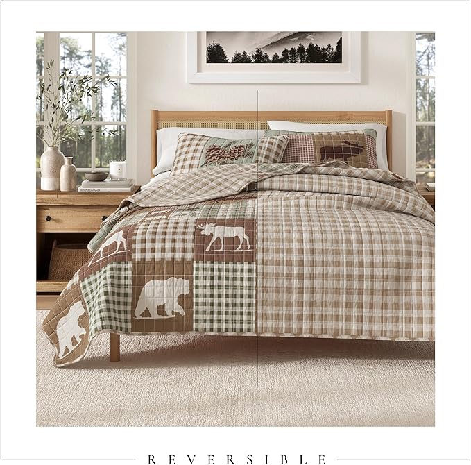 Great Bay Home Rustic Cabin Twin Size Quilt Set with Shams - All-Season, Lightweight, Reversible Bedspread - Lodge-Themed Summer Bedding Sets (Twin/Twin XL, Hemlock Green/Brown)