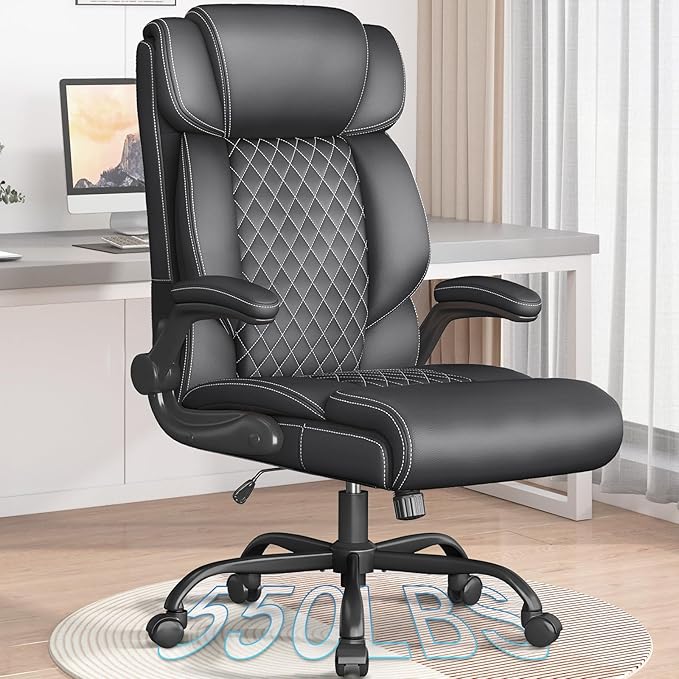 Office Chair, Ergonomic Big and Tall Executive Desk Chair, Breathable Leather Chair with Adjustable Flip-up Armrests, Lumbar Support Swivel Computer Chair with Rocking Function(Black)