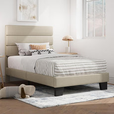 SHA CERLIN Twin Platform Bed Frame with Upholstered Fabric Headboard, Mattress Foundation with Strong Wooden Slats Support, No Box Spring Needed, Beige