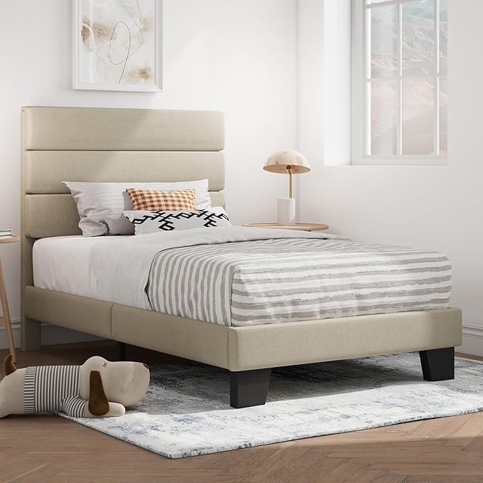 SHA CERLIN Twin Platform Bed Frame with Upholstered Fabric Headboard, Mattress Foundation with Strong Wooden Slats Support, No Box Spring Needed, Beige