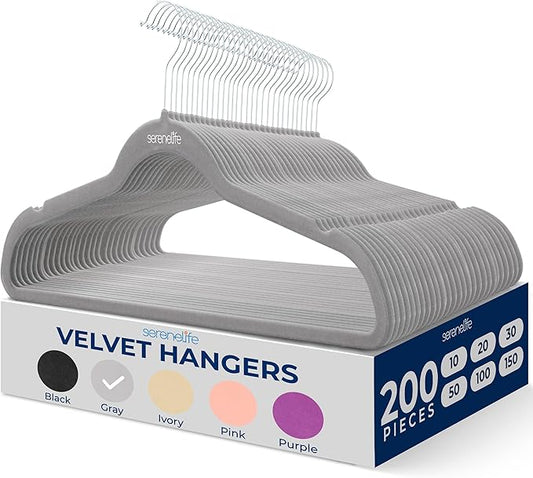 SereneLife 200-Pack Velvet Hangers – Space-Saving Non-Slip Gray Clothes Hangers with 360° Swivel Hooks, Heavy Duty Ultra-Thin Design for Coats, Shirts, Dresses & More – Durable & Lightweight