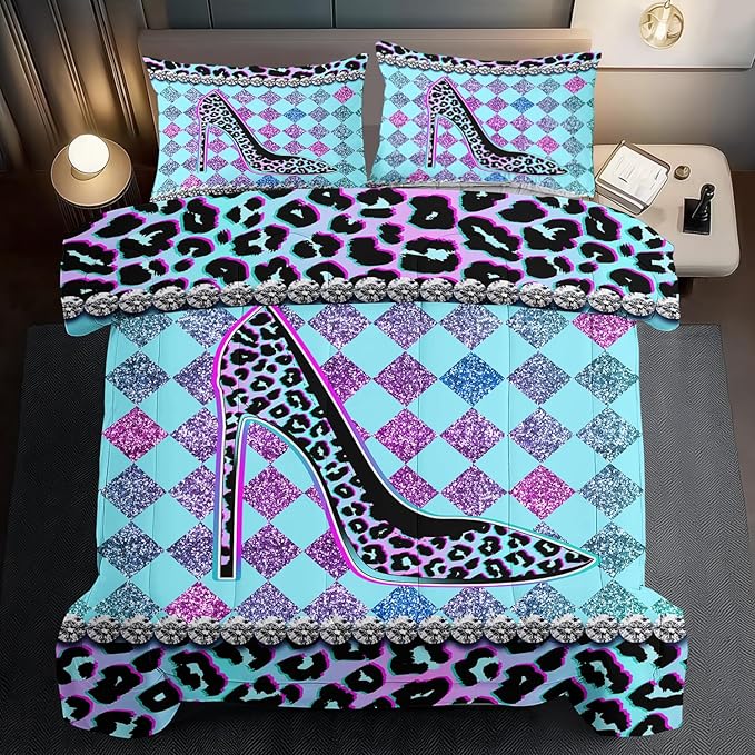 Rainbow Cheetah Print Comforter Set Queen Girls Sexy High Heels Leopard Print Bedding Set Women High Heels Leopard Comforter Quilt Bedroom Decor Animal Cheetah Bedding Bed Decor