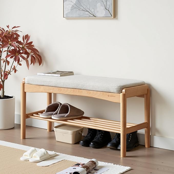 Solid Wood Shoe Bench Assembled, Shoe Rack Bench with Cushion for Entryway, Living Room, Bedroom, Hallway, 11.8" x 31.5" x 16.5", Natural