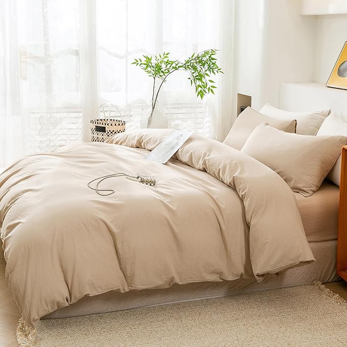 ECOCOTT Duvet Cover California King Size, 100% Washed Cotton 1 Duvet Cover with Zipper and 2 Pillowcases, Ultra Soft and Easy Care Breathable Cozy Simple Style Bedding Set, No Comforter (Khaki)