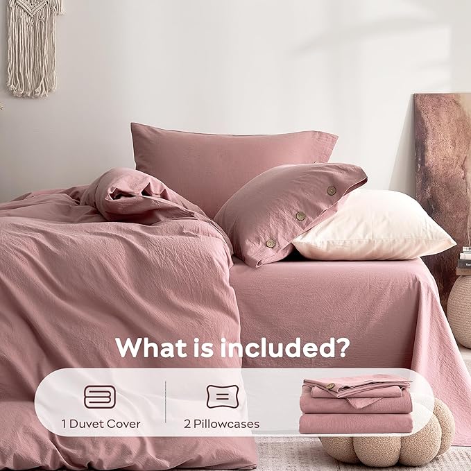 JELLYMONI 100% Washed Cotton Duvet Cover King – Soft, Breathable Linen-Look Bedding with Natural Wrinkle Texture, Button Closure, 3-Piece Set (Darker Rose, 104"x90")