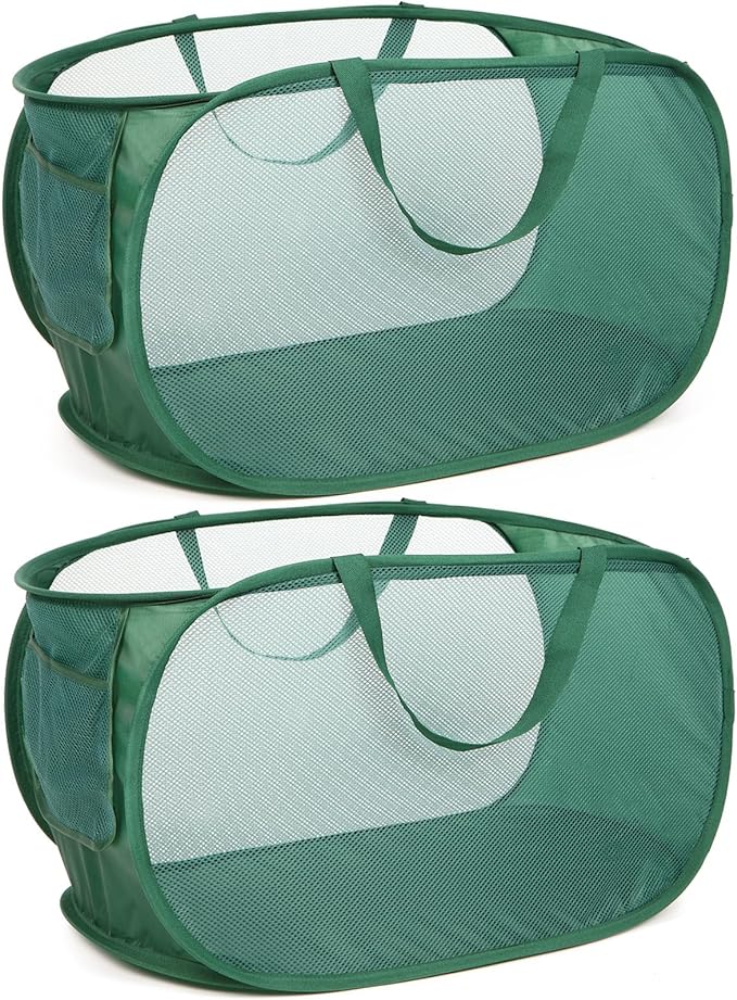 Sturdy Mesh Pop Up Laundry Hamper, Collapsible Laundry Baskets with Side Pocket, Foldable Clothes Hamper with Reinforced Carry Handles for Laundry, Bathroom, Kids Room, Dorm or Travel 2 Pack Emerald