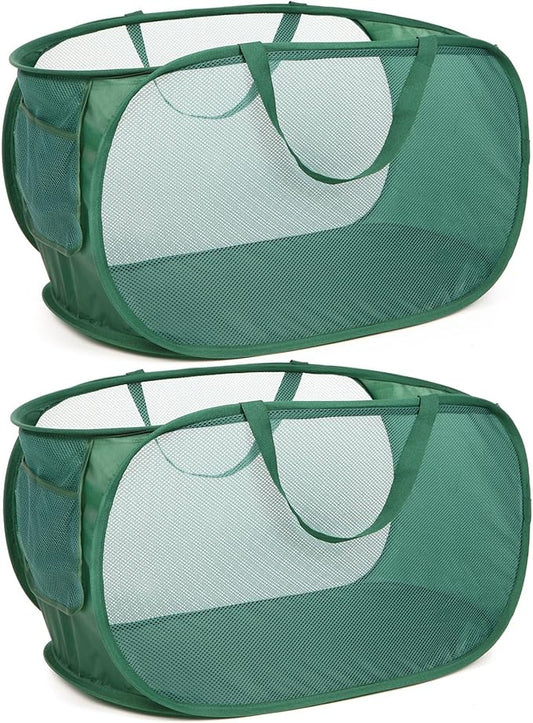 Sturdy Mesh Pop Up Laundry Hamper, Collapsible Laundry Baskets with Side Pocket, Foldable Clothes Hamper with Reinforced Carry Handles for Laundry, Bathroom, Kids Room, Dorm or Travel 2 Pack Emerald