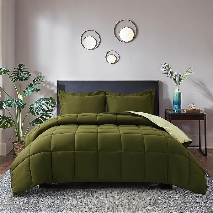 HIG 3pc Olive Green King Size Comforter Set - All Season Reversible Down Alternative Comforter with Two Shams - Quilted Duvet Insert with Corner Tabs - Box Stitched - Breathable, Soft, Fluffy