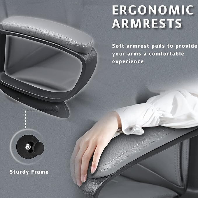 LEMBERI Office Desk Chair, High Back Executive Computer Chair, Ergonomic Big and Tall Adjustable PU Leather Chairs with Padded Armrest for Long Time Sitting, Grey