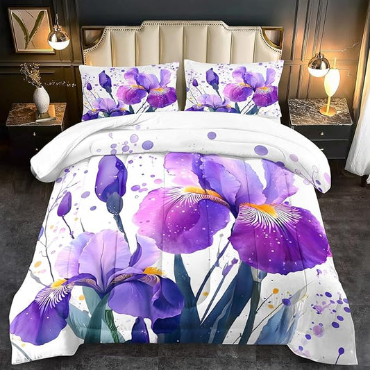 Purple Floral Comforter Set Queen Size Woman,Purple Iris Comforter for Girls,Pink Flower Bedding Set Queen Bedroom Decor,Floral Bedding Quilt Bed Decor Pink for Kids and Adults