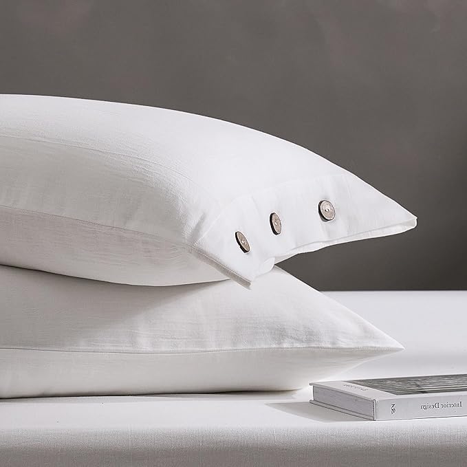 JELLYMONI Pillowcases Standard Set of 2 Cotton Button Pillow Covers 20×26in Cream White Bed Pillow Cases 100% Washed Cotton Soft Breathable (Pillows are not Included)