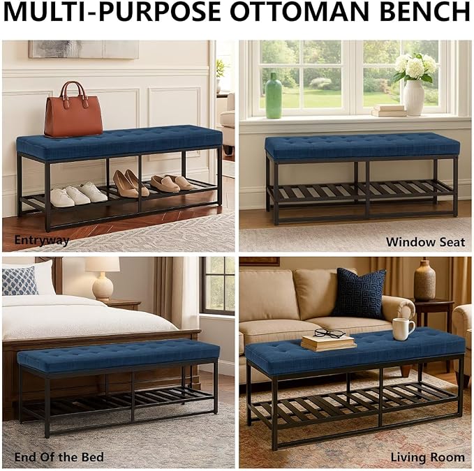 Rectangular Upholstered Tufted Linen Ottoman Storage Bench, Large Footrest Ottoman with Iron Base, Navy Blue End of Bed Bench for Entryway, Living Room, Bedroom
