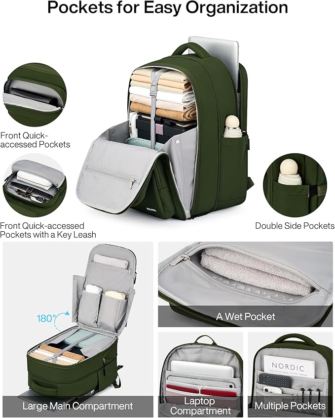 MILADA Expandable Travel Backpack 28L to 39L, TSA-Approved Carry On Backpack with 17 Inch Laptop Compartment, School Business Work Backpack for Men & Women, Green