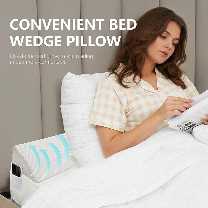 Bed Wedge Pillow for Headboard Gap Bed Mattress Gap Filler (0-8") Between Headboard/Wall and Mattress White Full Size Foam Support Triangle Bloster Pillow Stoppers with 2 Pockets