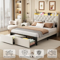 Queen Bed Frame with Storage Headboard and 2 Drawers, Upholstered Button Tufted Platform Bed Frame Queen Size with LED Lights, Charging Station, No Box Spring Needed, Noise Free, Easy Assembly, Beige