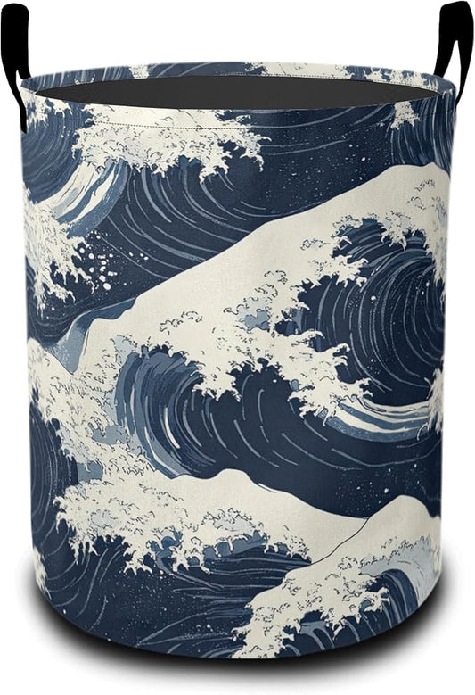 Japanese Style Waves Laundry Hamper Large Canvas Fabric Lightweight Storage Basket/Dirty Clothes Collapsible Waterproof for College Dorms, Boys and Girls Bedroom,Bathroom