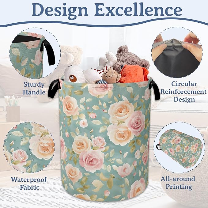 Vintage Pink Rose Laundry Basket,Foldable Waterproof Oxford Cloth Tote Bag Laundry Hamper with Handles,20.8"x16" Clothes Storage Bucket Organizer for Laundry Room, Bathroom, Bedroom