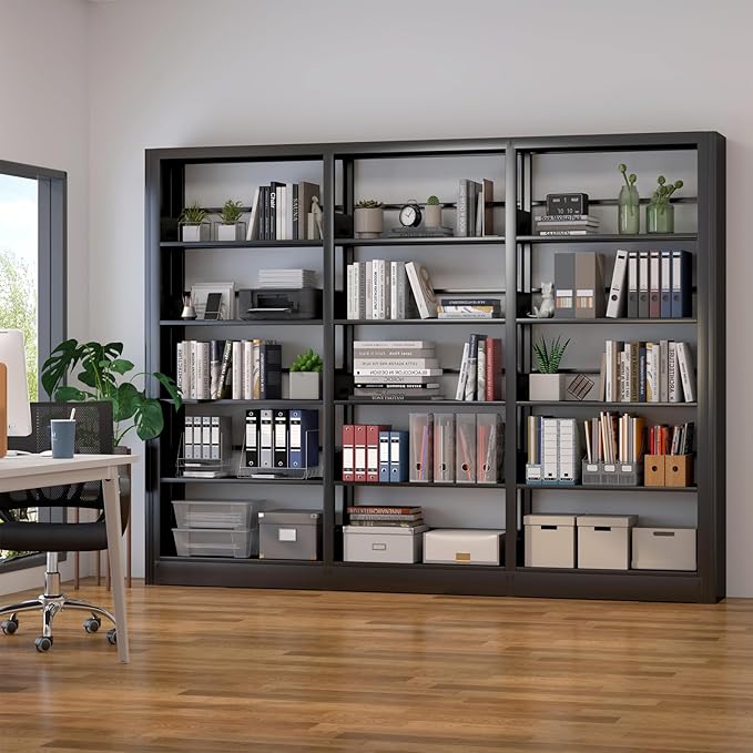 Bookshelf,5-Tier Industrial Book Shelf, White Bookcases and Bookshelves,Tall Book Shelf Storage Organizer,Freestanding for Living Room, Bedroom,Home Office,Metal (Black, Bookshelf-3)