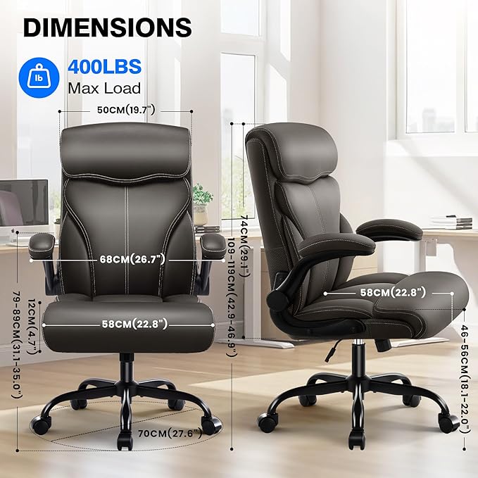Office Chair - Executive High Back Breathable Comfy Desk Chair with Lumbar Support - Ergonomic Leather Rolling Swivel Computer Chair with Rock Function for Working Studying Gaming Relaxing