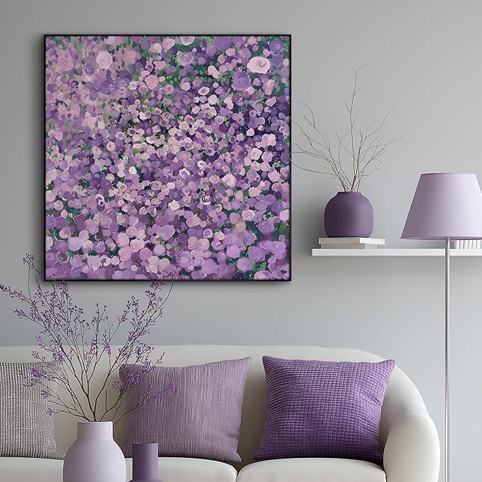 60"x60" XL Framed Wall Art Purple Blossom Burst Abstract Floral Impressionist Violet Flower Field (Frame Assembly Required)