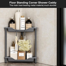 Orimade Rustproof 2 Tier Floor Standing Corner Shower Caddy Organizer, Plastic Metal Splicing Floor Corner Shelf Rack Stands for Bathroom, Grey