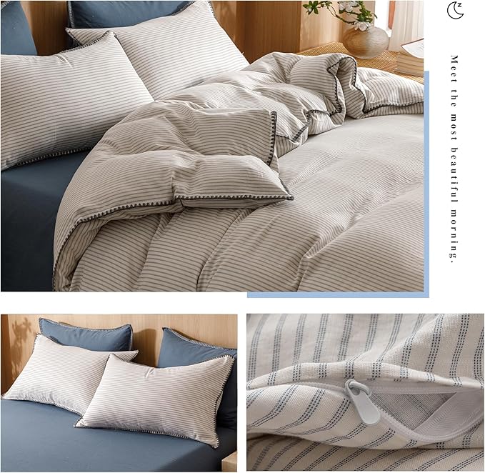 VM VOUGEMARKET Grey Blue Striped Duvet Cover King Yarn Dyed Muslin Cotton Duvet Cover with Embroidered Edge Super Soft Cozy Bedding Set for Men Women,King Size