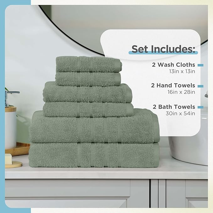 Martex 6-Piece Towel Set – Ultimate Performance – 100% Cotton – 2 Bath Towels – 2 Hand Towels – 2 Wash Cloths – Versatile – Low-Linting – Supersoft & Absorbent Bathroom Set – Easy Care – Sage