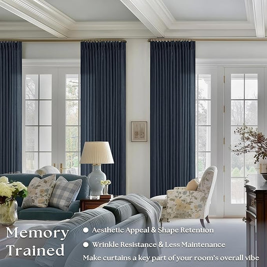 Navy 90 Inch Linen Curtains Pinch Pleated for Living Room Bedroom Dining Boho Modern Light Filtering Pinch Pleat Drapes Hooks Rings Back Tab Semi Sheer Dark Blue Indigo Window Curtains 2 Panels