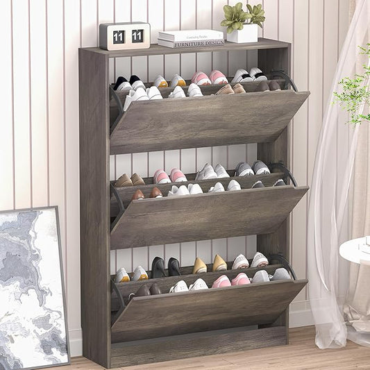 Shoe Cabinet with 3 Flip Drawers, Hidden Wood Shoe Cabinet,Freestanding Shoe Storage Cabinet for Entryway Hallway