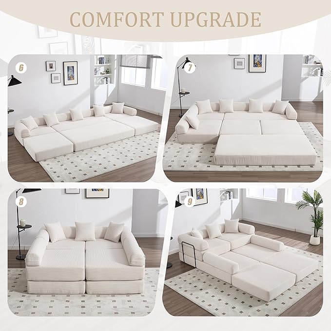106" Oversized Convertible Sleeper Sofa Bed, Corduroy L Shape Sectional Couch, Folding Sofa Bed with Side Pocket, Modern Cloud Floor Mattress Couch, Modular Sofa for Living Room, Beige