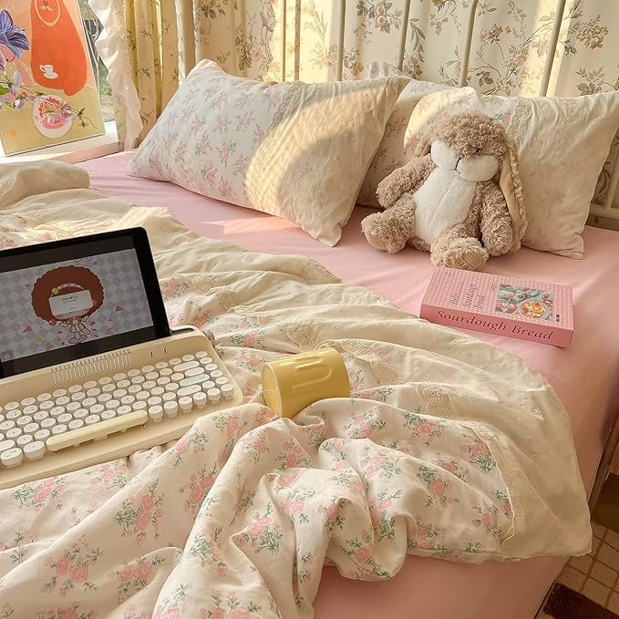 mixinni Vintage Floral Duvet Cover Set - 3 Piece Twin XL Size Pink Cottagecore Bedding with Lace Trim, Shabby Chic Bedding Set, Includes 1 Duvet Cover & 2 Pillowcases, Boho Aesthetic for Girls & Dorms