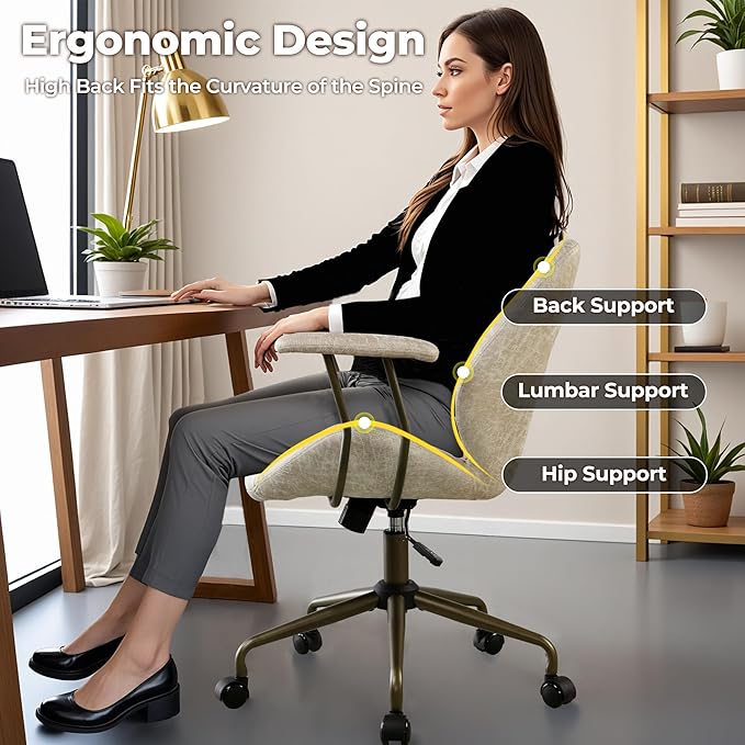 ovios Ergonomic Office Chair, Mid Back Faux Leather Executive Chairs with Armrests, Comfy Mid-Century Modern Swivel Rolling Computer Armchair (Beige, Suede Leather)