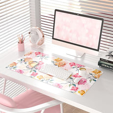 QIYI Floral Mouse Pad, Watercolor Flowers Desk Mat for Desktop, Women Girls Office Décor Accessories, PU Leather Waterproof Gaming Mousepad, Pink Yellow Peonies Desk Pad Computer Mat, 31.5