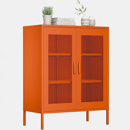 Orange Metal Cabinet,Bathroom Floor Storage Cabinets,40" H Small Orange Locker Cabinets with 2 Adjustable Shelves & 2 Doors