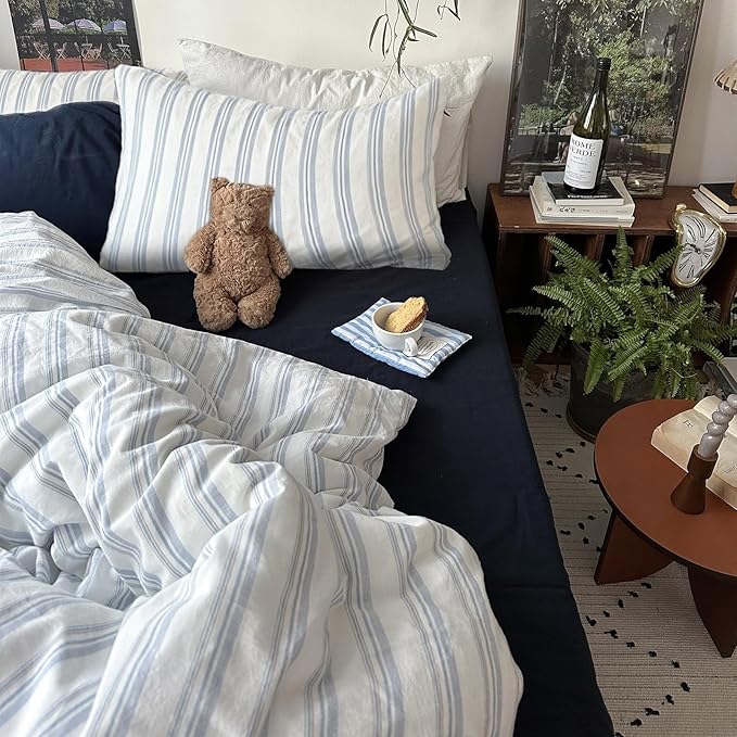 VM VOUGEMARKET Modern Duvet Cover Set King Size Demin Blue Stripes Duvet Cover with 2 Pillowcases 100% Washed Cotton Minimalist Bedding Set,104"x90"