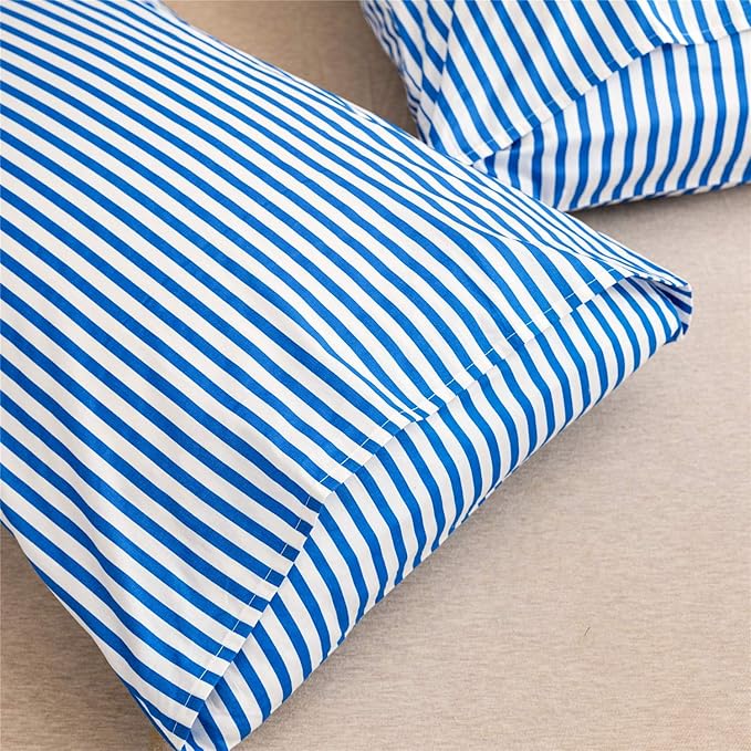 JELLYMONI 100% Natural Cotton 3pcs Striped Duvet Cover Sets,White Duvet Cover with Blue Stripes Pattern Printed Comforter Cover,with Zipper Closure & Corner Ties(Full Size)