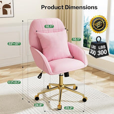 Pink Velvet Desk Chair with Pillow, Upholstered Home Office Desk Chair Makeup Vanity Chair with Swivel Wheels, Ergonomic Office Chair Computer Task Chair for Living Room, Bedroom
