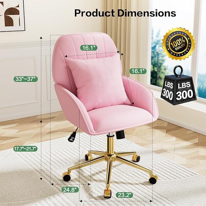 Pink Velvet Desk Chair with Pillow, Upholstered Home Office Desk Chair Makeup Vanity Chair with Swivel Wheels, Ergonomic Office Chair Computer Task Chair for Living Room, Bedroom