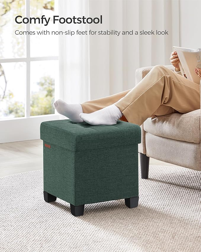 SONGMICS Storage Ottoman, Small Ottoman Foot Rest with Legs, 15 x 15 x 15.7 Inches Foot Stool, Load up to 660 lb, for Living Room, Bedroom, Dorm, Retro Green ULSF014C01