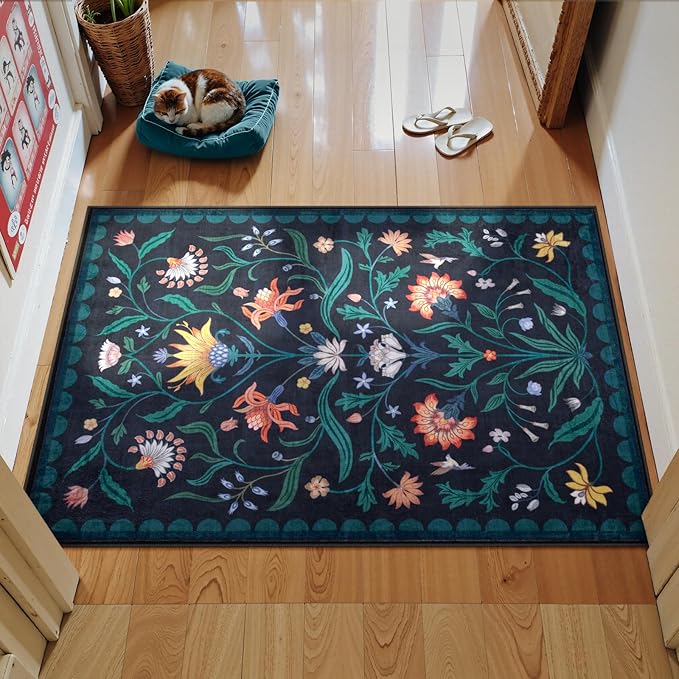 Lahome Boho Floral 2x3 Washable Kitchen Rugs for Entryway, Blue Door Mat Indoor Entrance, Small Soft Non-Slip Indoor Carpet Throw Rugs for Bathroom Laundry(Dark Blue,2x3)