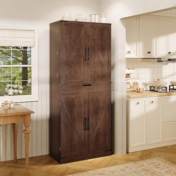 72" Tall Storage Cabinet, Kitchen Pantry Cabinet with Adjustable Shelves & Sturdy Steel Frame, Farmhouse Pantry Storage with 4 Barn Doors for Kitchen, Dining Room, and Living Room, Dark Grey