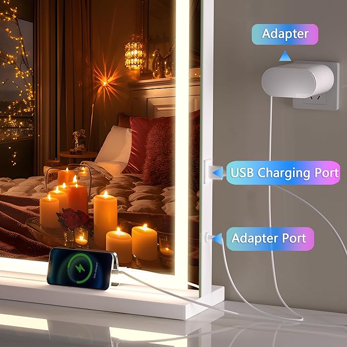 Hasipu Vanity Mirror with Lights, 55" x 36" LED Makeup Mirror, Lighted Makeup Mirror with Dimmable 3 Modes, Touch Screen Control Vanity Mirror Square White