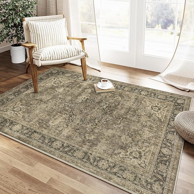 4x6 Washable Brown Area Rug Vintage Entryway Office Carpet Non-Slip Soft Low Pile Distressed Indoor Throw Rug for Living Room Bathroom Dining Room