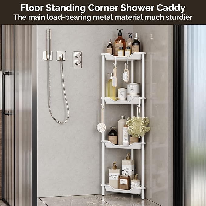 Orimade Rustproof 4 Tier Floor Standing Corner Shower Caddy Organizer, Plastic Metal Splicing Floor Corner Shelf Rack Storage Stands for Bathroom, Marble