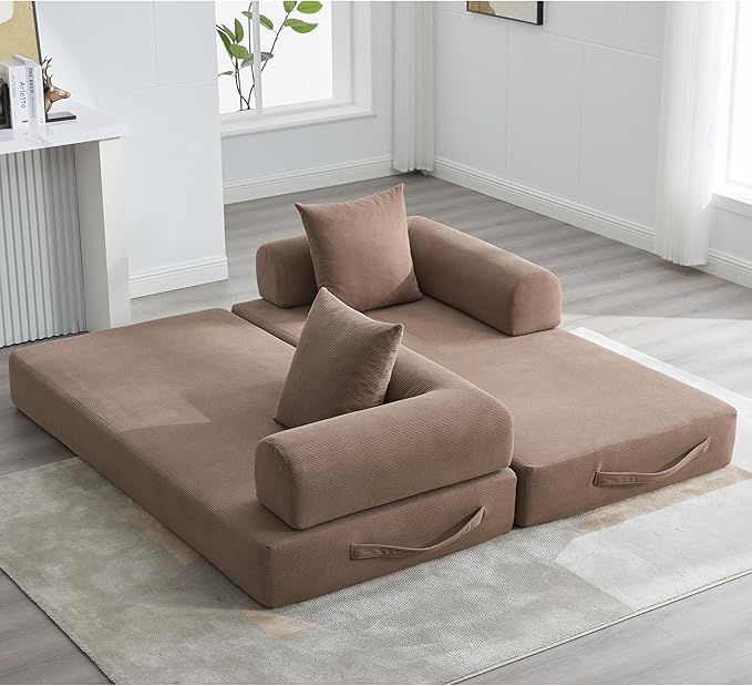 Convertible Folding Mattress Couch, Comfy Corduroy Sleeper Floor Sofa Bed with Fixed-Shape Frame, Floor Sofa with Armrest, Lounge Couch for Living Room Bedroom Lounge Studio,Brown